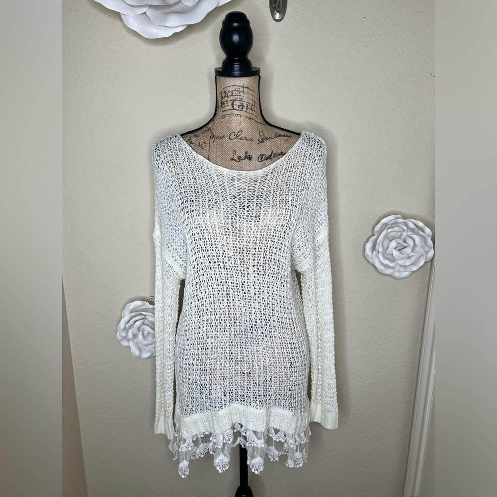 NTM: Entro Open Weave Knit Crochet Layered Lace Cream Tunic Sweater Sz M